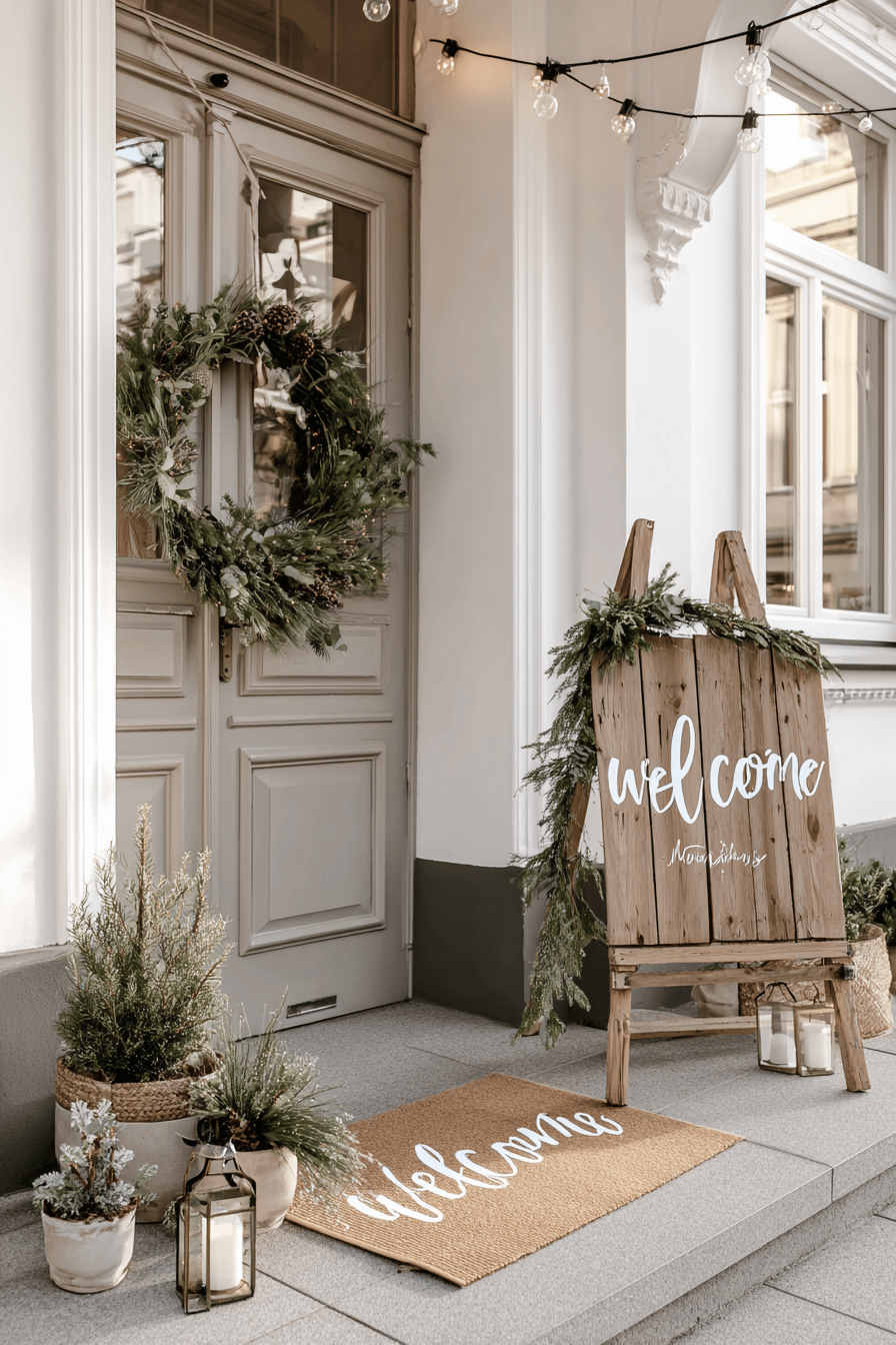 Weihnachtlich dekorierter Hauseingang mit Holzwillkommensschild, Türkranz und Tannengrün