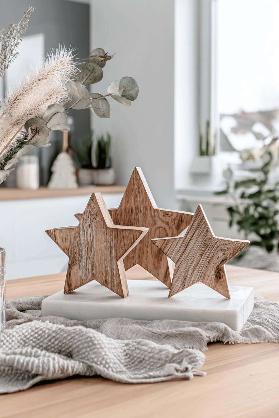 Drei stehende Holzsterne auf einem Tisch vor winterlicher Fensterkulisse