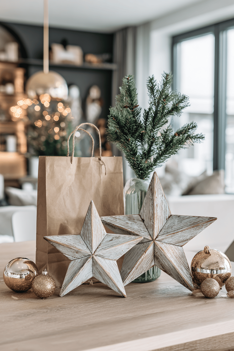 Zwei dekorative Holzsterne mit Weihnachtskugeln und Tannenzweig auf Holztisch