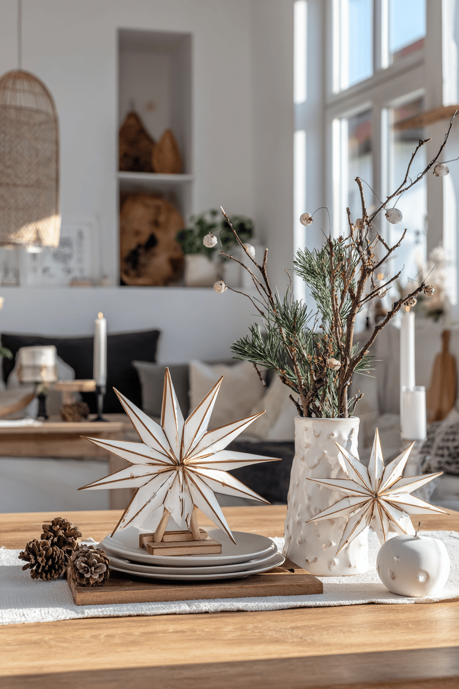 Weiße Holzsterne als Weihnachtsdeko im skandinavischen Stil auf hellem Holztisch mit Naturzweigen