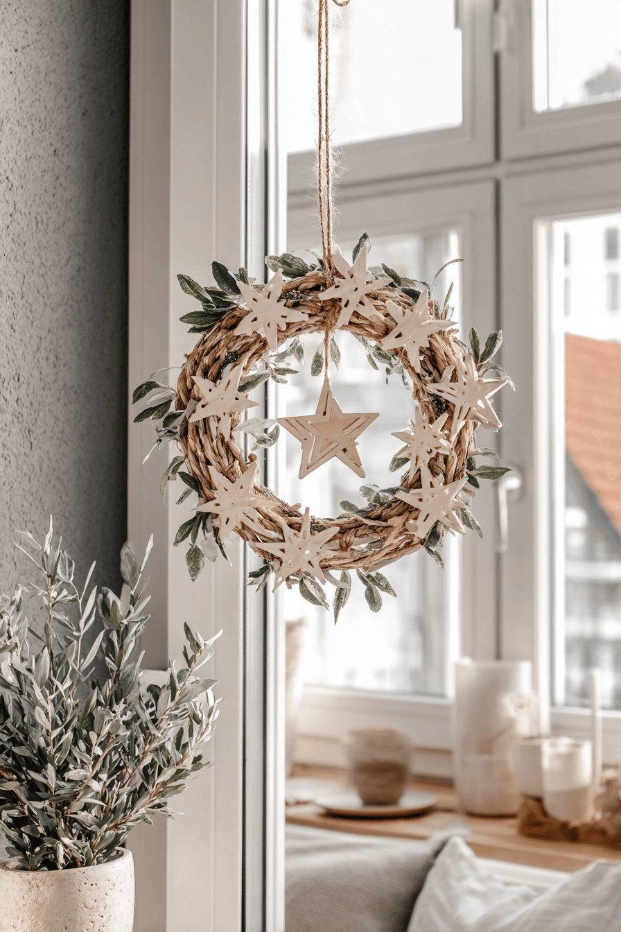 Weihnachtskranz mit kleinen weißen Holzsternen und grünen Zweigen an einem Fenster hängend