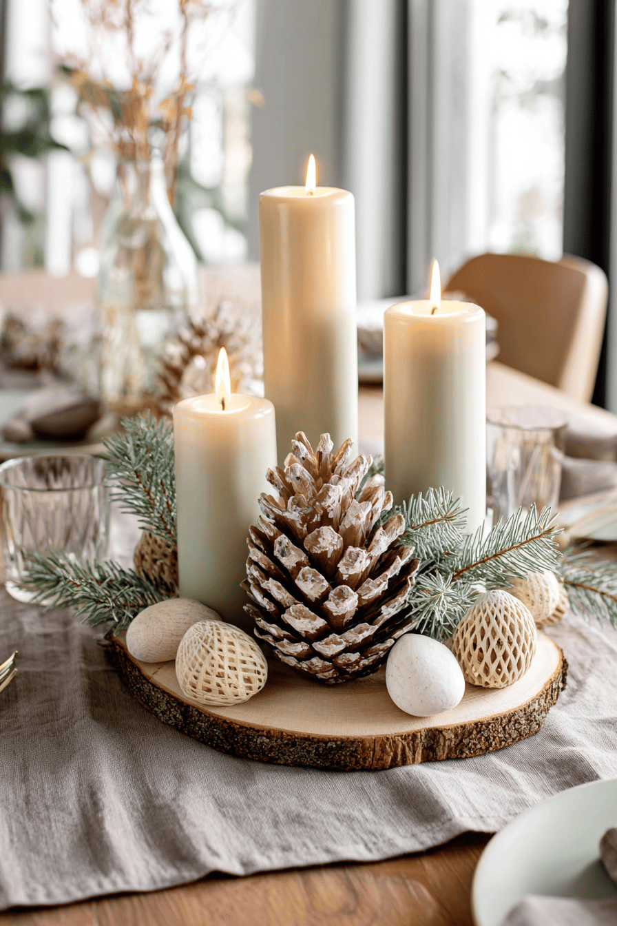 Rustikale Weihnachtsdeko mit angezündeten Kerzen, Holzzapfen und Naturmaterialien auf einem Holztablett