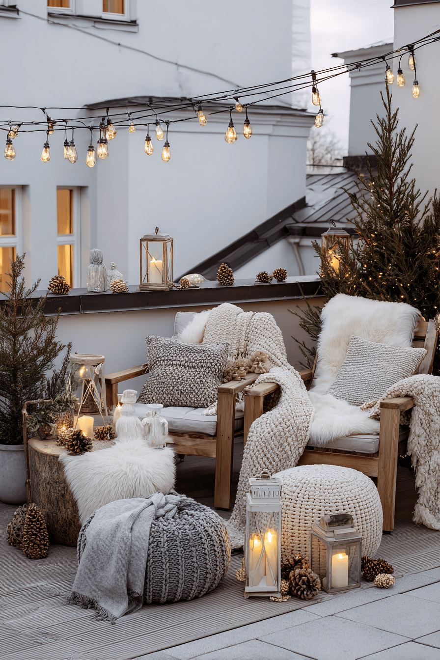 Holzstühle mit Kissen und Decken, Lichterketten und Laternen auf winterlicher Terrasse