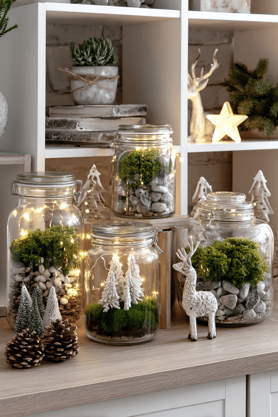 Glasdekorationen mit Moos, Lichterketten, Steinen und kleinen Tannenfiguren als Winter- und Weihnachtsdeko