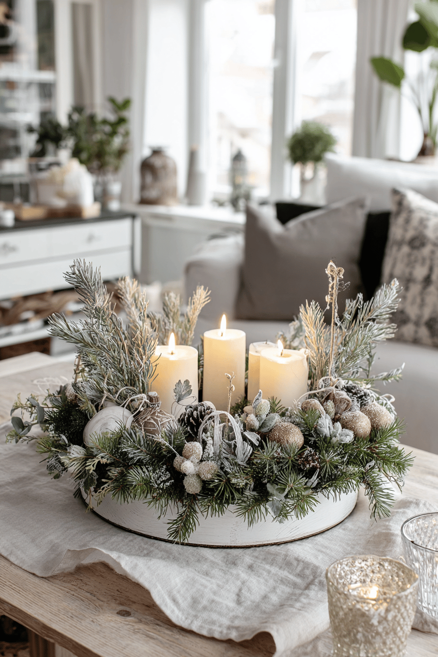 Klassischer Adventskranz mit Tannenzweigen, weißen Kerzen und winterlicher Deko auf einem Tisch im Wohnzimmer