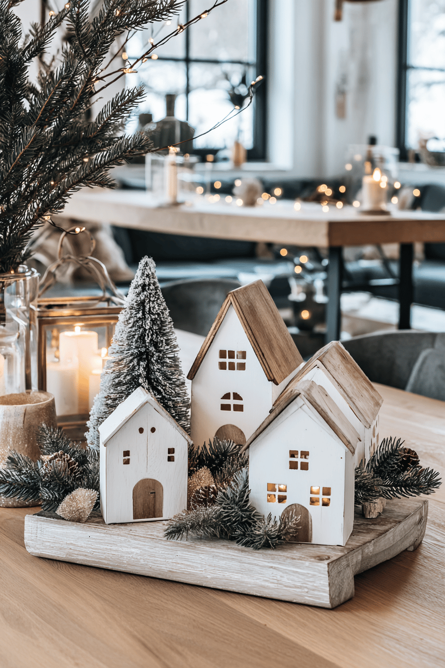 Dekorativer Weihnachtstisch mit kleinen weißen Holzhäusern, Tannenzweigen und Lichtern im skandinavischen Stil