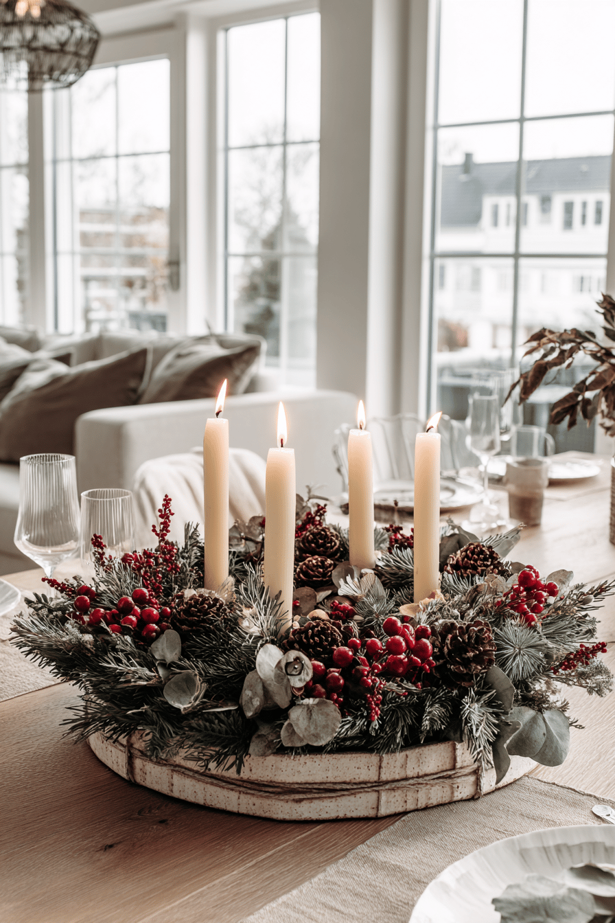 Weihnachtlicher Deko-Kranz mit roten Beeren, Tannenzweigen und vier angezündeten Kerzen auf einem Esstisch