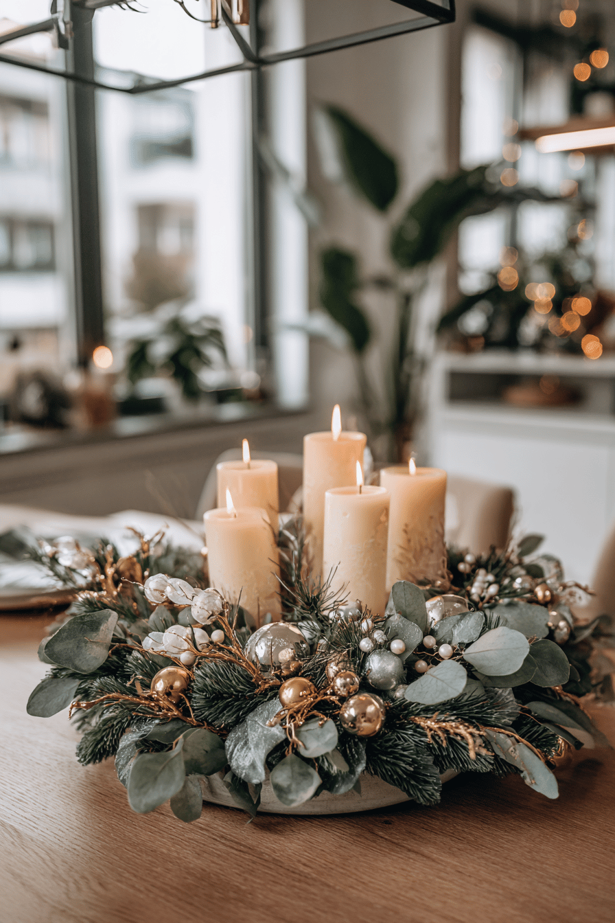 Weihnachtlicher Kranz mit fünf brennenden Stumpenkerzen, Eukalyptus, Tannenzweigen und goldenen Kugeln auf einem Holztisch