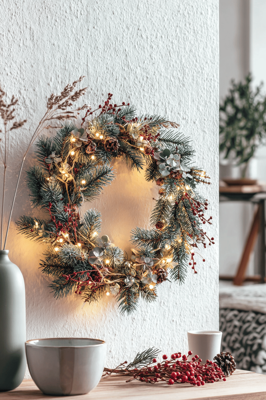 Weihnachtlicher DIY-Kranz mit Tannenzweigen, Beeren, Zapfen und LED-Lichterkette an einer weißen Wand