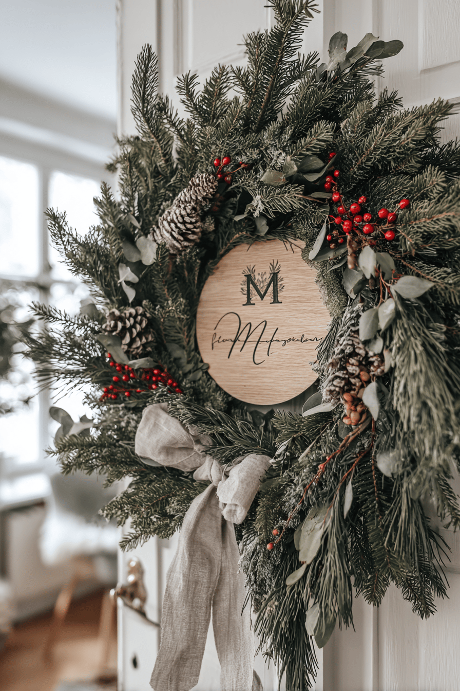 Naturbelassener Weihnachtskranz mit Holzplakette und Initiale, verziert mit Beeren, Zapfen und Schleife