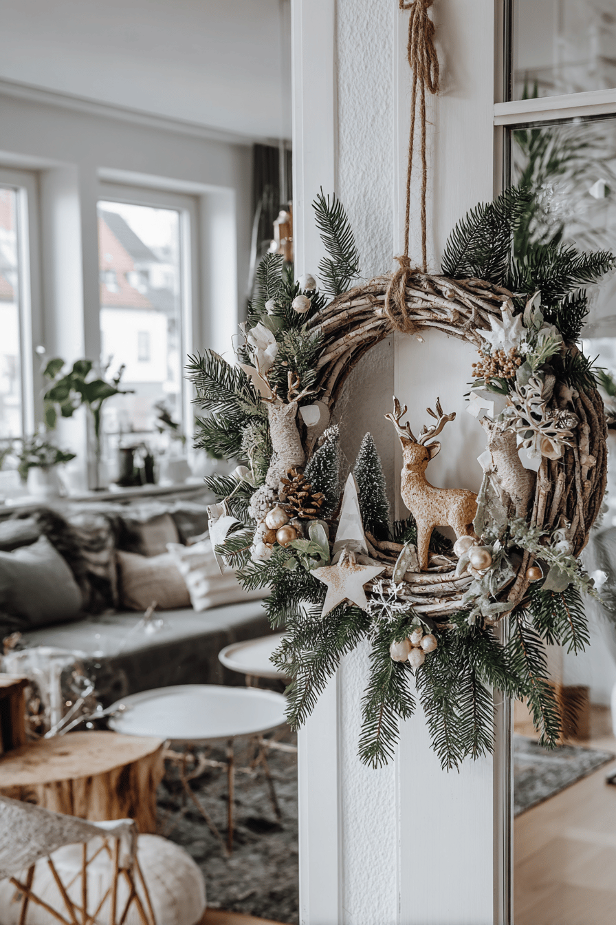 Weihnachtskranz mit kleinen Deko-Rehen, Sternen, Tannenzweigen und Kugeln an einer weißen Wand hängend