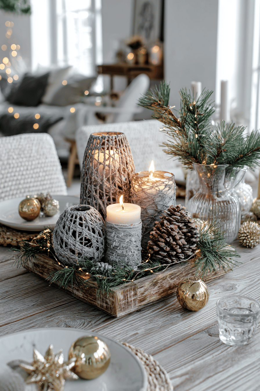 Weihnachtliches Tischarrangement mit DIY-Kerzenhaltern, Tannenzweigen und Zapfen