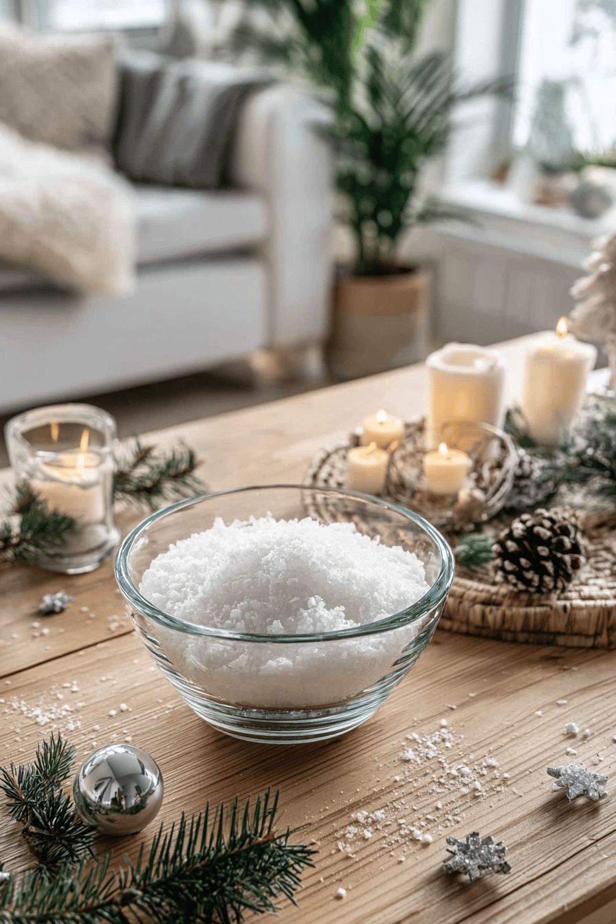 Schüssel mit selbstgemachtem Kunstschnee auf einem dekorierten Holztisch mit Kerzen und Tannenzweigen