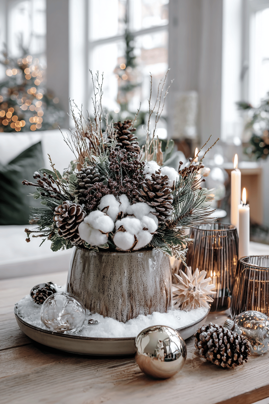 Stimmungsvolle Weihnachtsdeko mit Tannenzapfen, Baumwolle und Kerzen auf einem Holztisch