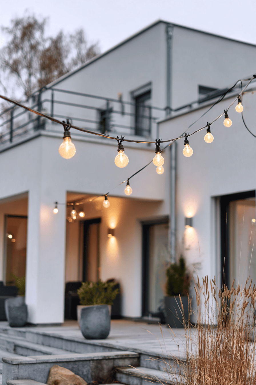 Moderne Hausfassade mit stimmungsvoller LED-Lichterkette im Außenbereich