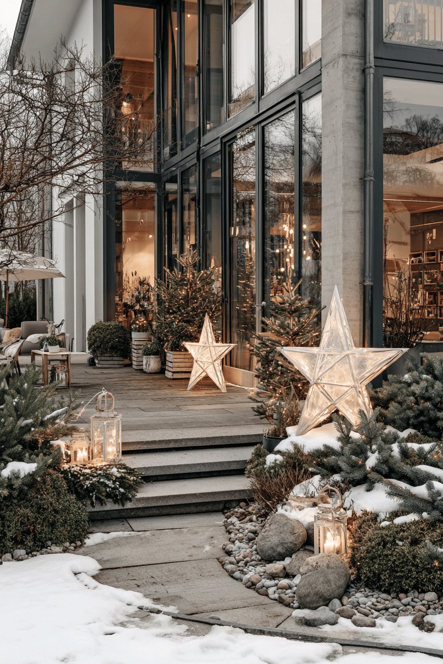 Beleuchtete LED-Sterne und Windlichter vor einem modernen Haus mit Schnee und Tannenbäumen