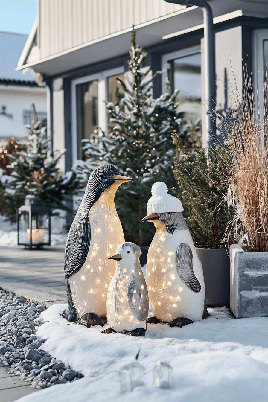 Drei beleuchtete Pinguinfiguren aus Kunststoff im verschneiten Eingangsbereich eines Hauses