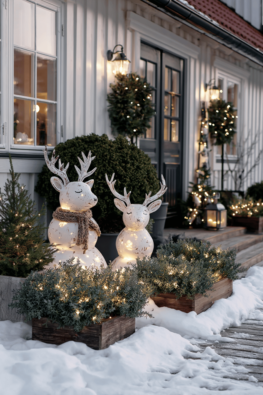 Außenbereich eines Hauses mit dekorierten Rentier- und Schneemannfiguren, umgeben von Lichterketten und Tannen