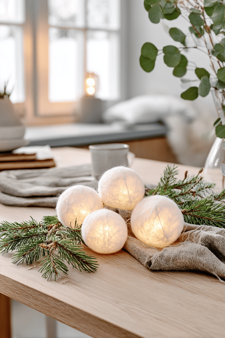 Vier leuchtende Schneeball-Dekos mit LED-Licht auf einem Holztisch, dekoriert mit Tannenzweigen