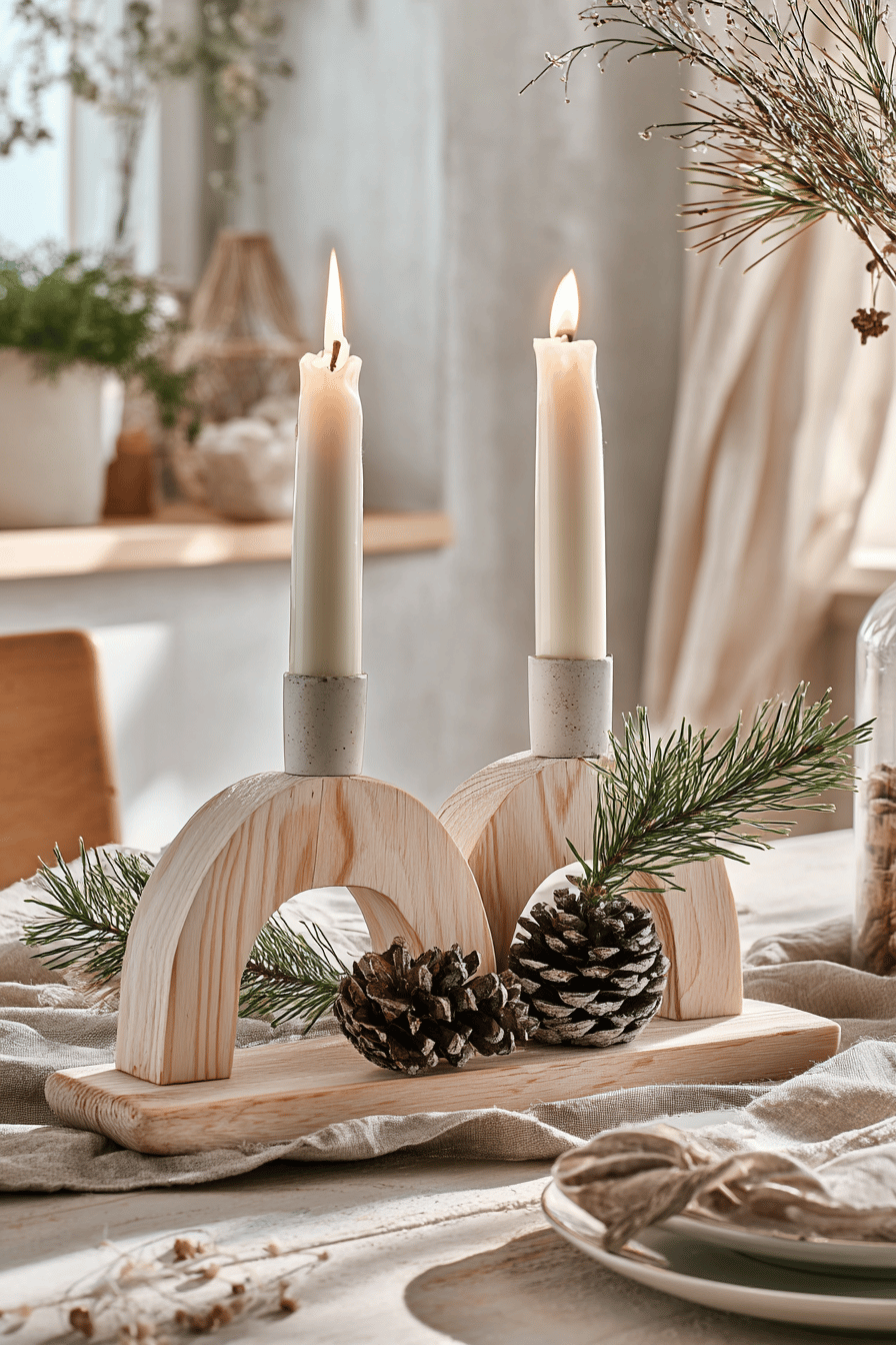 Holz-Lichterbogen mit zwei Kerzen, Tannenzapfen und Tannenzweigen auf einem festlich dekorierten Tisch
