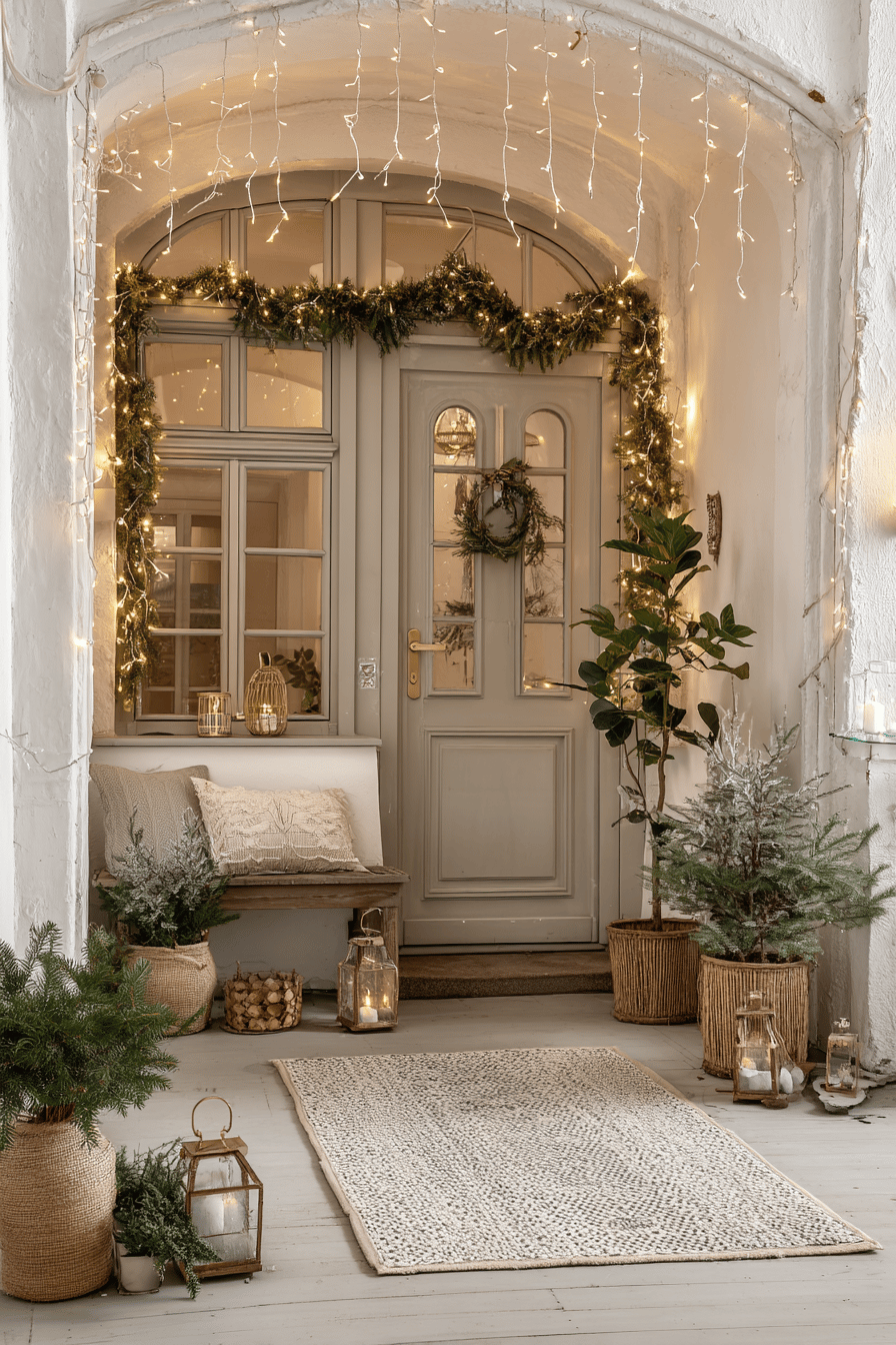 Weihnachtlich dekorierter Hauseingang mit Lichterketten, Kranz und Tannengrün