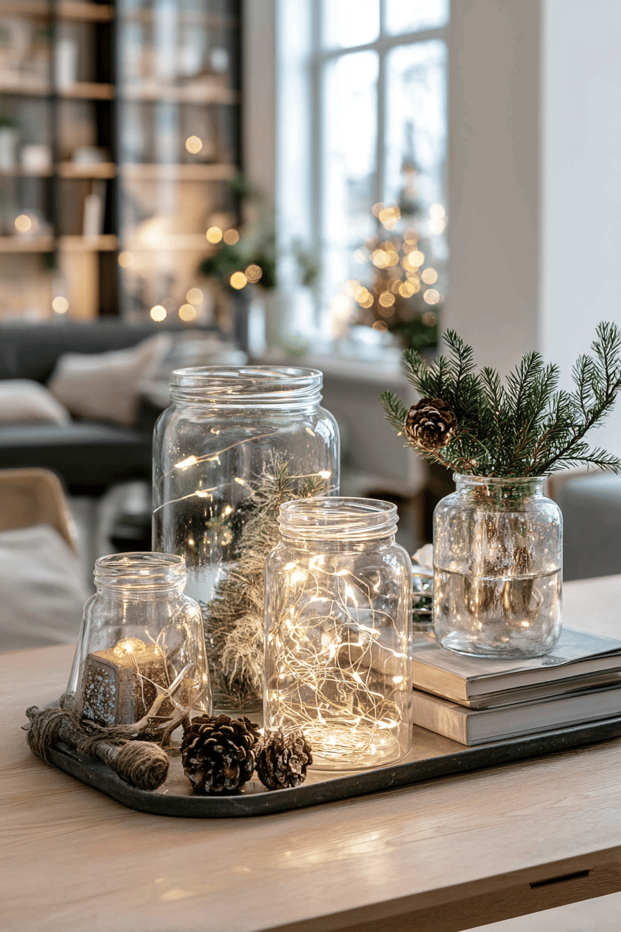 Weihnachtliche Dekoration mit Lichterketten in Einmachgläsern auf einem Tablett