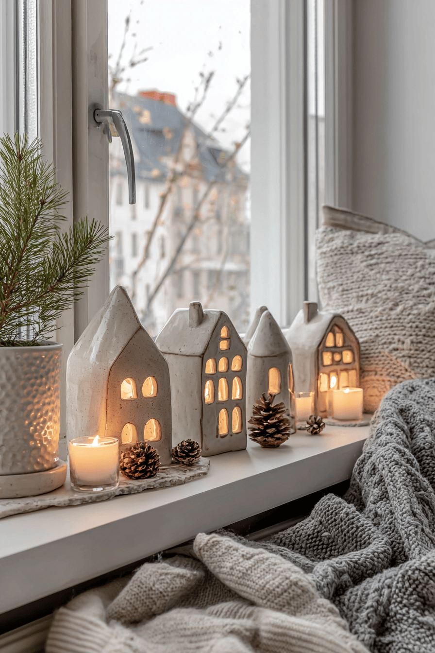 Keramikhäuser mit Kerzenlicht und Tannenzapfen auf einer Fensterbank