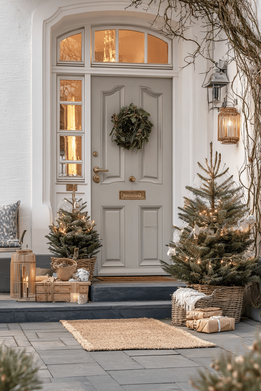 Weihnachtlich dekorierter Hauseingang mit Mini-Weihnachtsbäumen und Geschenkpaketen