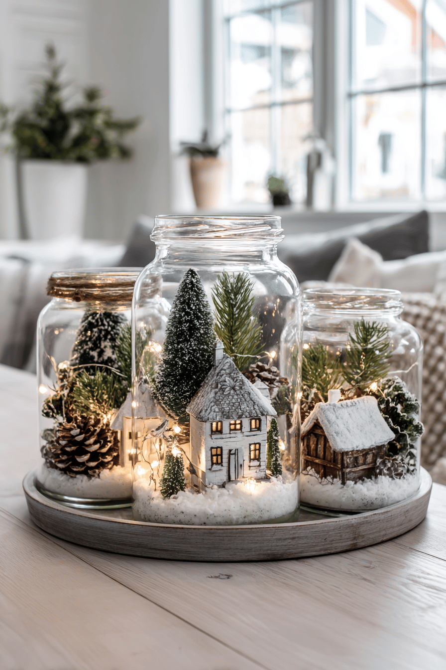 Drei dekorative Einmachgläser mit Mini-Weihnachtslandschaften, Lichterkette, Schneeeffekt und kleinen Häuschen