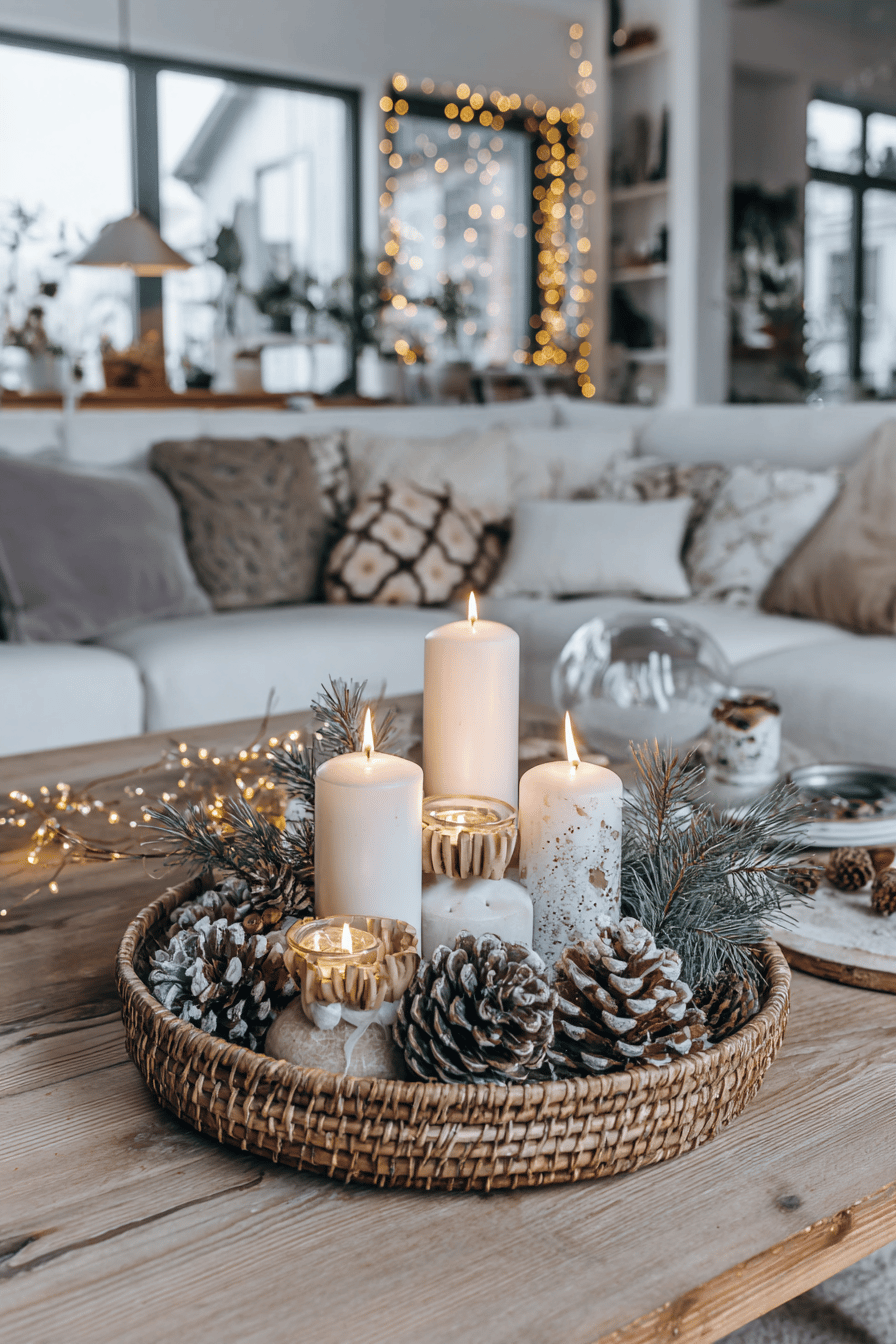 Adventsgesteck mit weißen Kerzen, Tannenzweigen und Zapfen auf einem Holztisch
