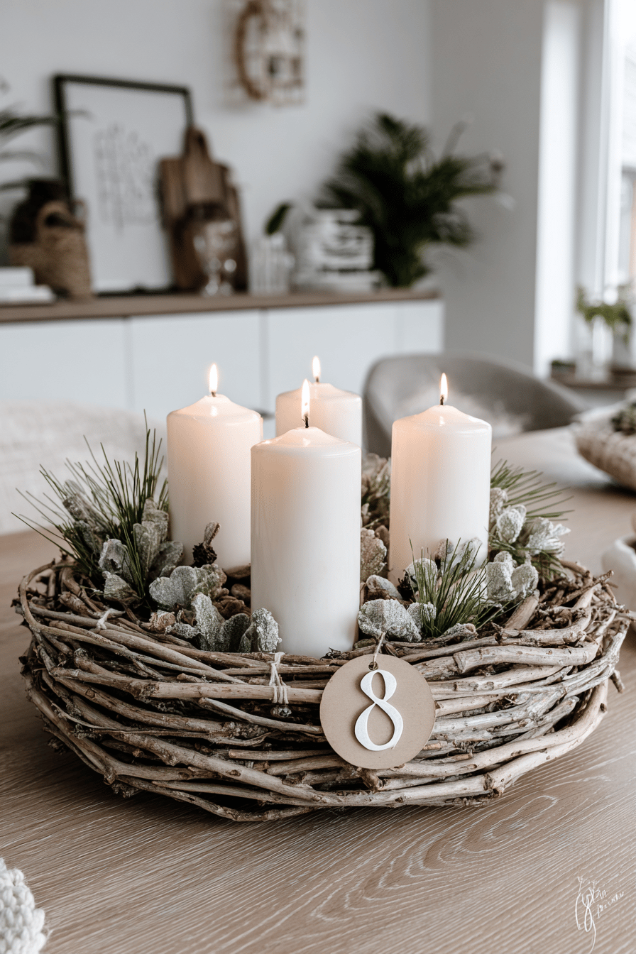 Minimalistischer Adventskranz mit weißen Stumpenkerzen in einem Kranz aus naturbelassenen Zweigen
