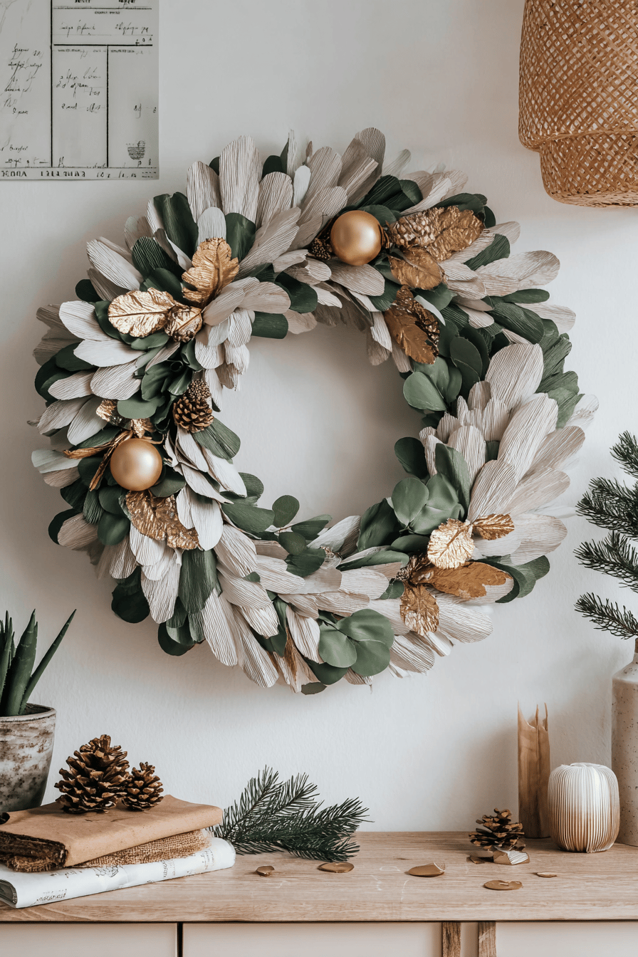 Nachhaltiger Weihnachtskranz aus grünem und beigefarbenem Papier mit goldenen Akzenten an einer Wand