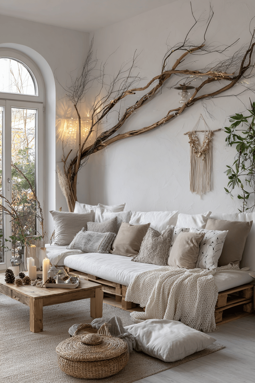 Große Äste als natürliche Wanddekoration über einem gemütlichen Sofa mit Winter-Accessoires