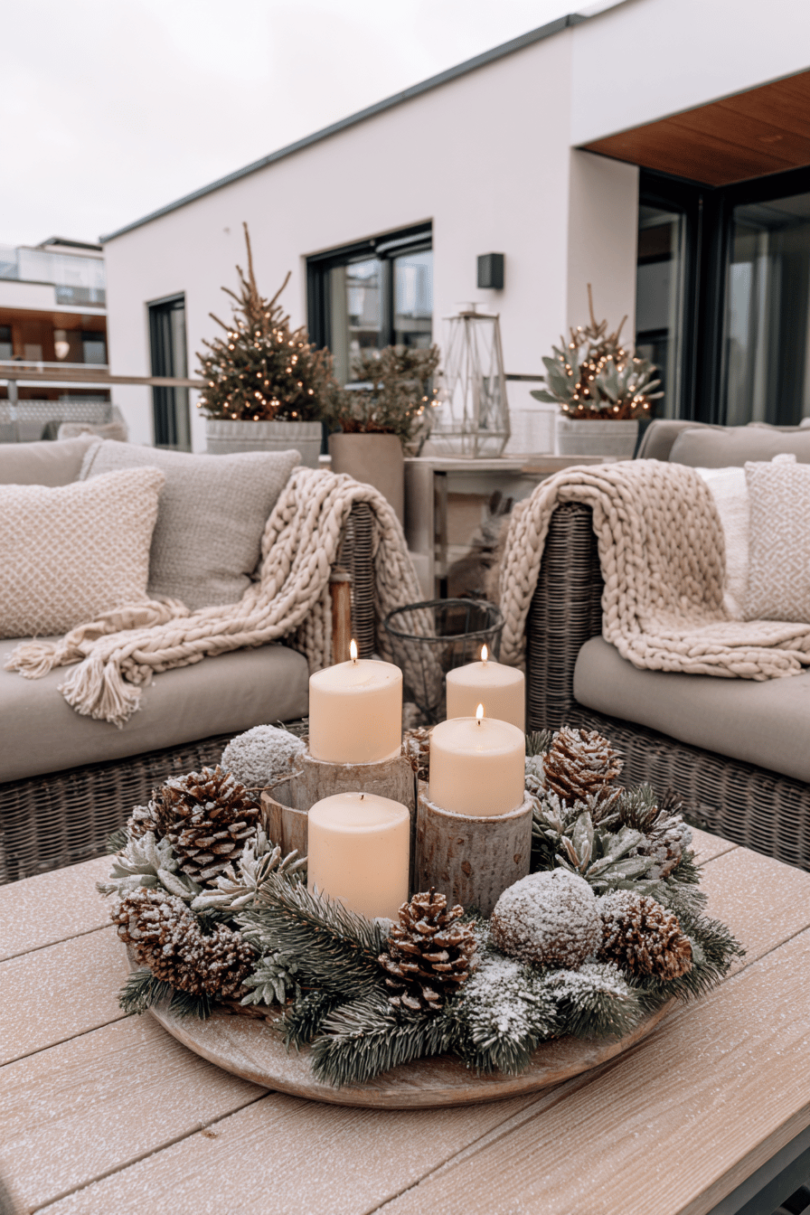 Ein festlich dekorierter Adventskranz mit Tannenzweigen, Zapfen und Kerzen steht auf einem Terrassentisch, umgeben von kuscheligen Decken und weihnachtlich geschmückten Pflanzen.
