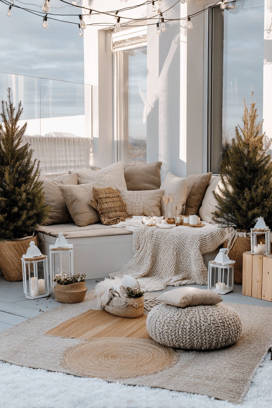 Winterlich dekorierte Terrasse mit Teppichen, Kissen, Decken, Naturtönen und Lichterketten