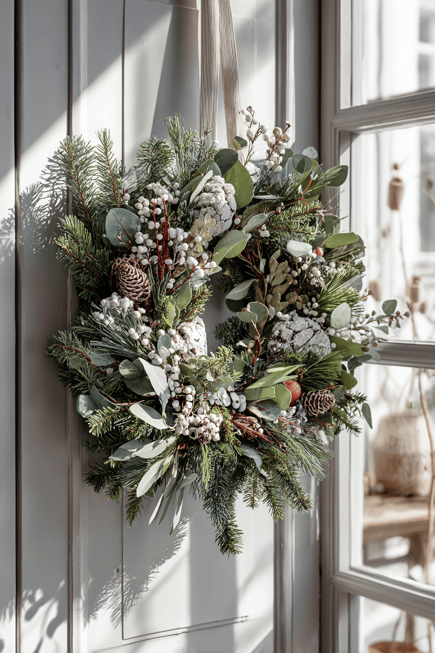Ovaler Weihnachtskranz mit Tannenzweigen, Eukalyptus, Beeren und Zapfen an einer Tür
