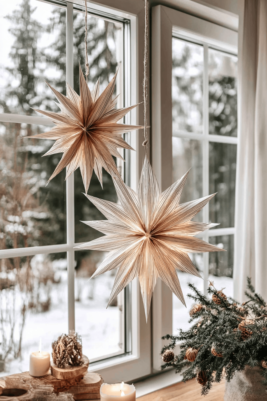 Zwei große Papiersterne hängen vor einem Fenster mit Blick auf eine verschneite Winterlandschaft, daneben Kerzen und Tannenzweige auf der Fensterbank.