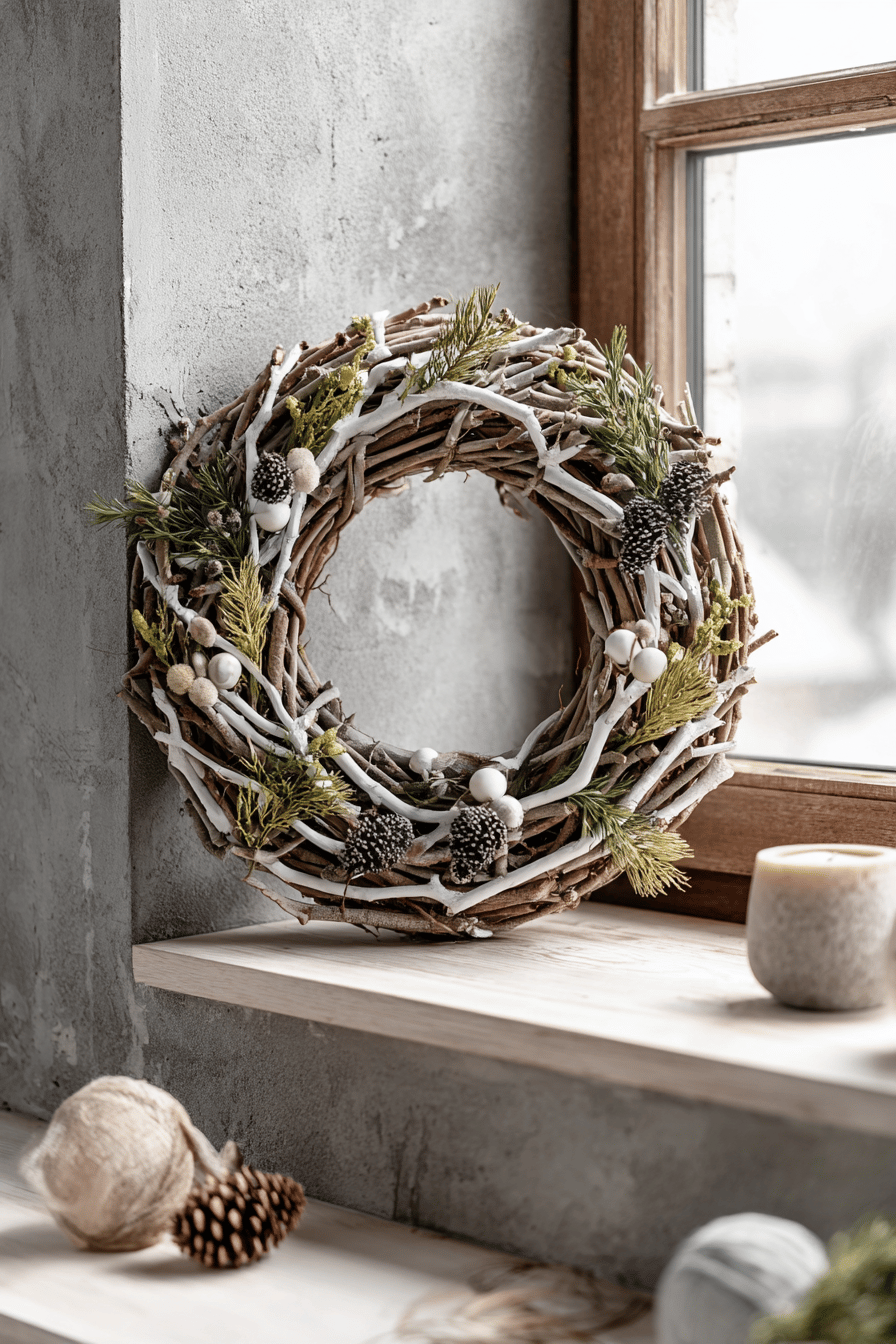 Rustikaler Weihnachtskranz aus Zweigen, Tannenzapfen und Wintergrün an einem Fensterbrett