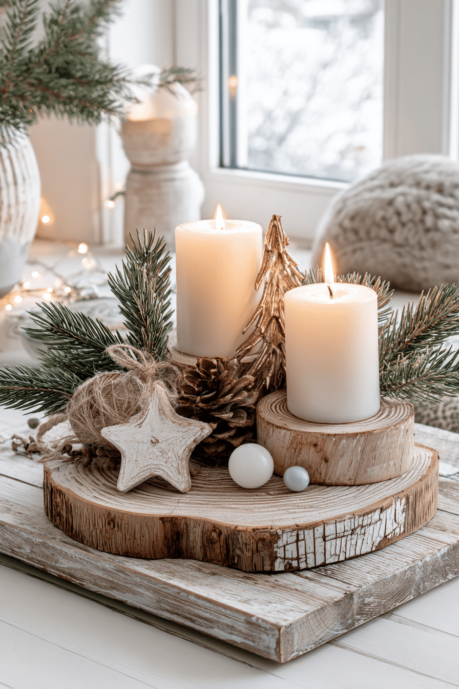 Rustikale Weihnachtsdeko mit weißen Kerzen, Tannenzweigen, Baumscheiben und Naturdetails auf einem Tisch