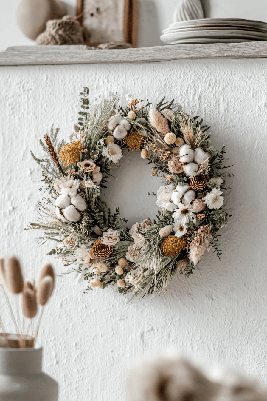Weihnachtskranz aus Trockenblumen im skandinavischen Stil an einer weißen Wand.
