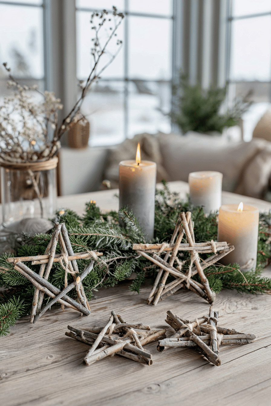 Sterne aus Naturzweigen als Weihnachtsdekoration auf einem Tisch mit Tannengrün und Kerzen