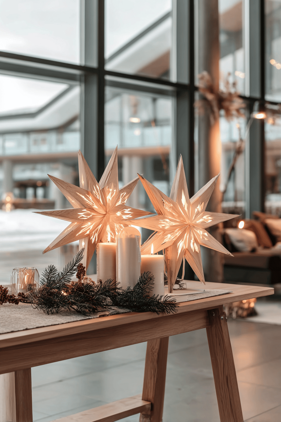 Zwei leuchtende Holz-Sternlampen auf einem rustikalen Holztisch mit Kerzen und Tannenzweigen als Weihnachtsdeko