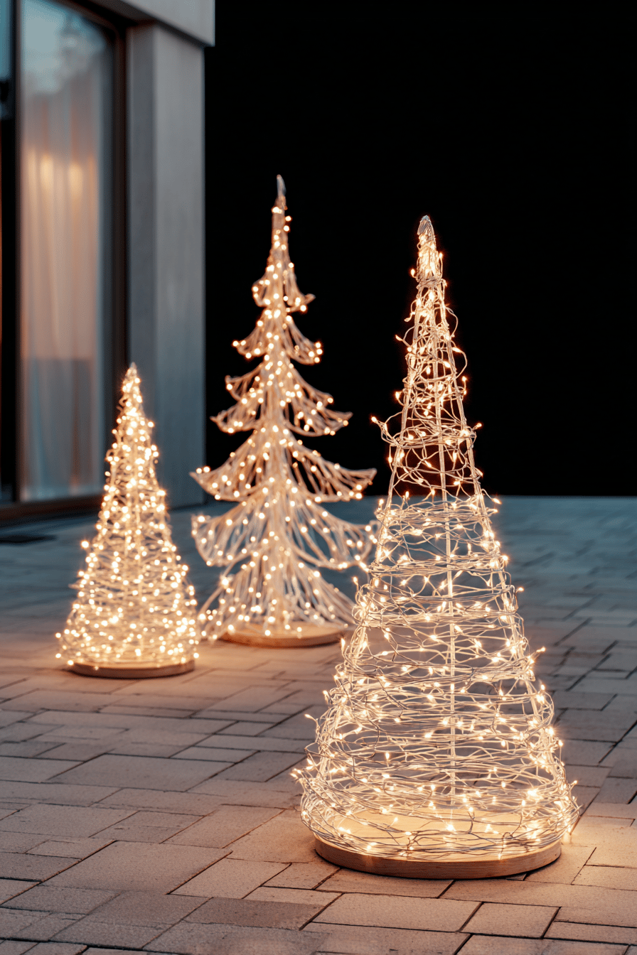 Drei stilisierte Tannenbäume aus Drahtgestellen und Lichterketten leuchten im Außenbereich vor einem modernen Haus.
