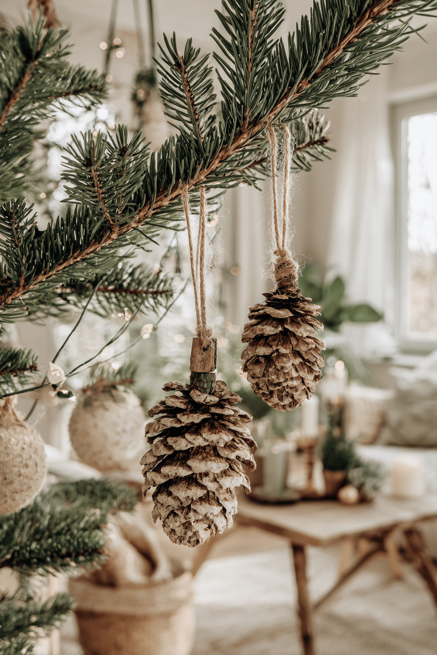 Zwei mit Kordel befestigte Tannenzapfen hängen an einem Tannenzweig im weihnachtlich dekorierten Wohnzimmer