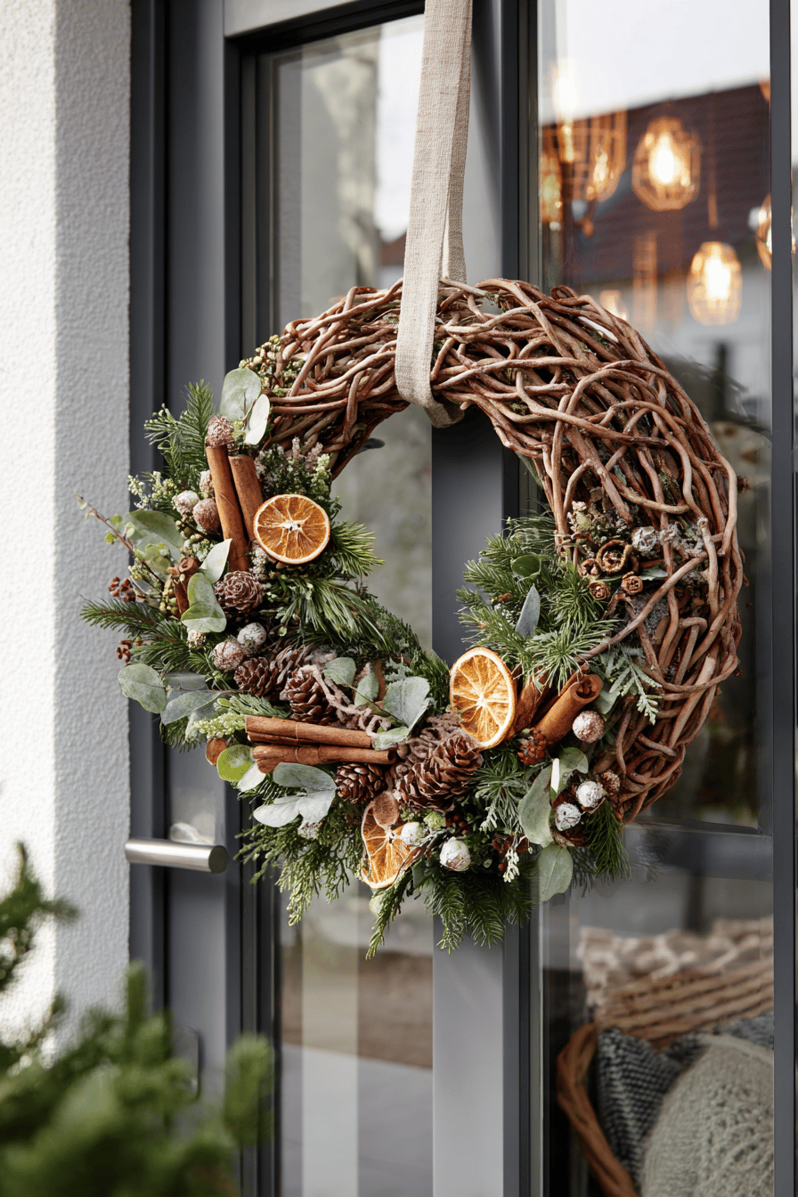 Weihnachtlicher Türkranz aus Zweigen, Tannengrün, Zimtstangen, Orangenscheiben und Zapfen an einer Glastür