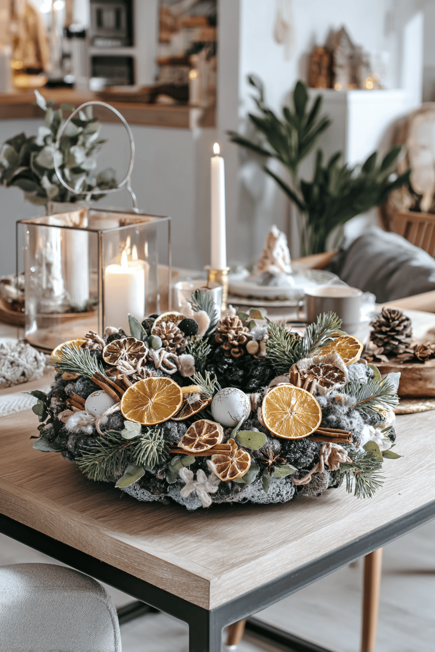 Upcycling-Weihnachtskranz mit Tannenzweigen, Trockenorangen, Zimtstangen und Naturmaterialien auf einem Holztisch