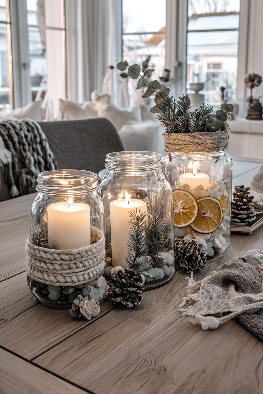 Drei Winter-Windlichter aus alten Gläsern mit Kerzen, Naturmaterialien und Dekoschnur auf einem Holztisch