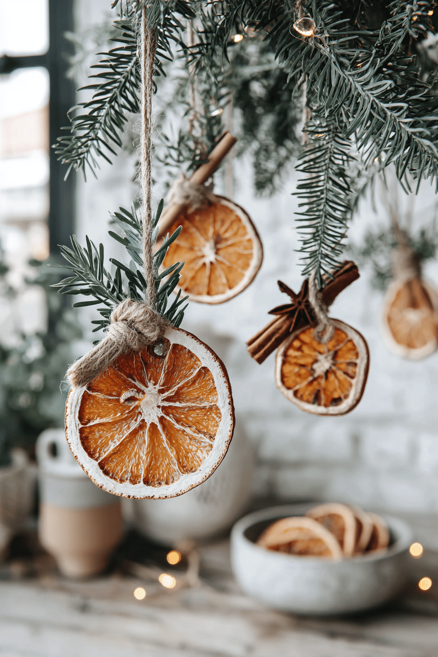 Getrocknete Orangenscheiben als Weihnachtsbaumschmuck mit Zimt, Tannengrün und Bastband