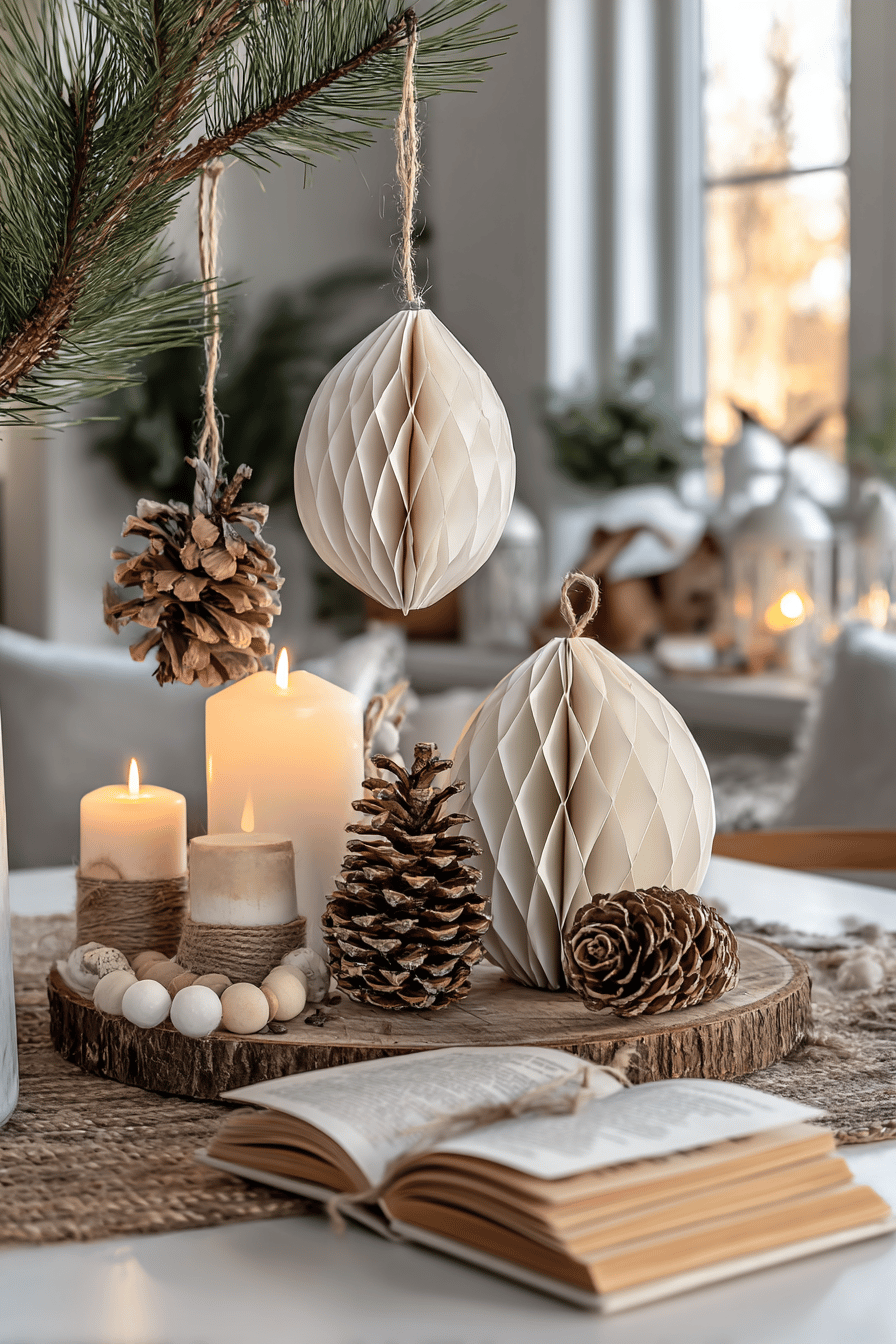 Papier-Weihnachtsanhänger, Tannenzapfen und Kerzen als winterliche Tischdeko