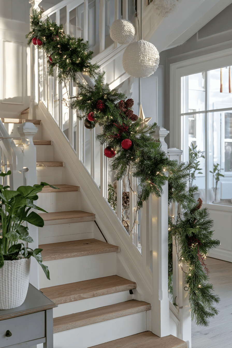 Treppengeländer mit dichter Tannengirlande, roten Kugeln, Zapfen und Lichterkette weihnachtlich geschmückt